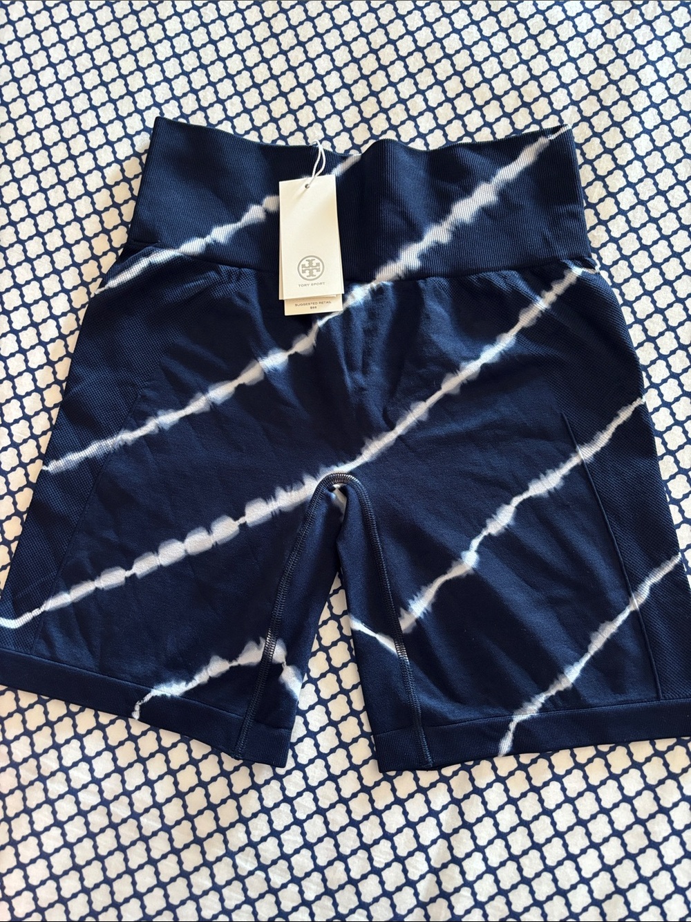 Tory Burch Navy and White Tie-Dye High-Rise Bike Shorts